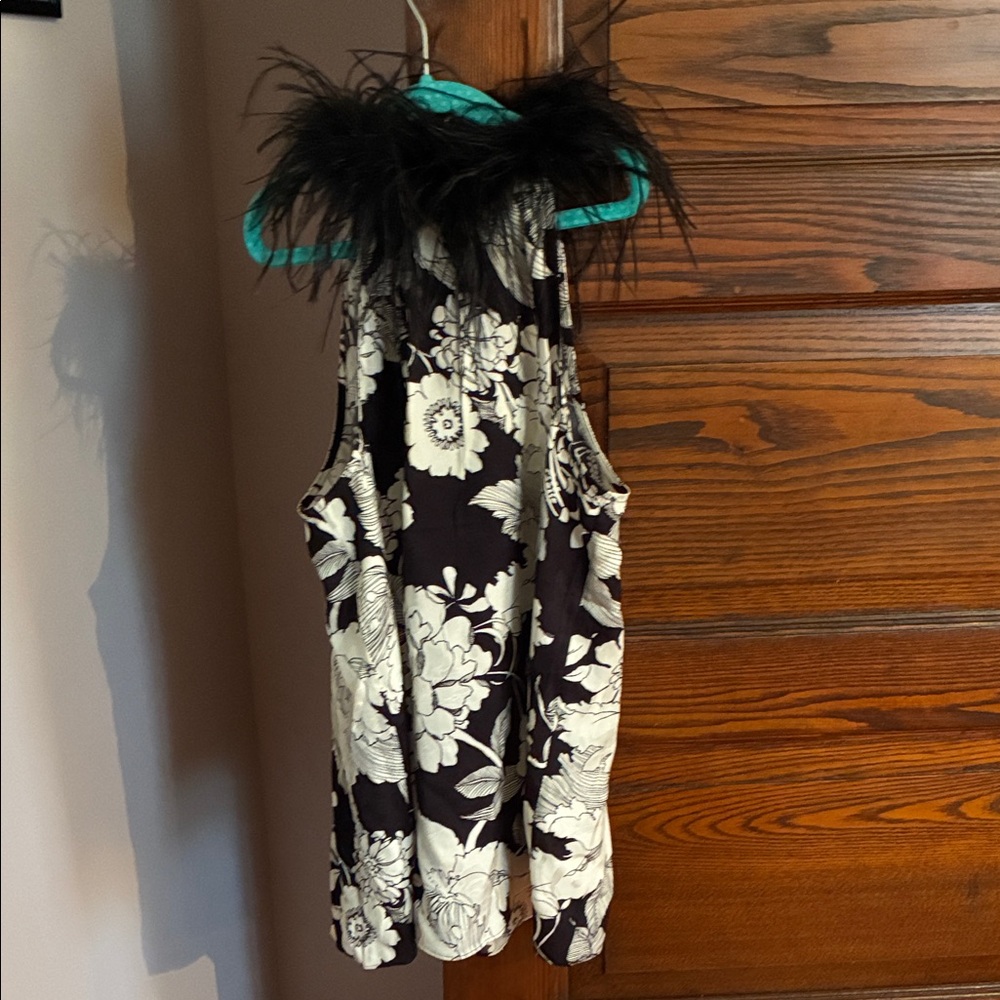 Trina Turk Black & White Floral Feather-Trim Halter Top